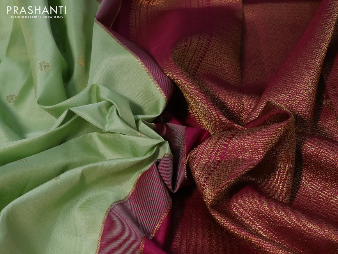 Pure kanchipuram silk saree pista green and magenta pink with zari woven buttas and zari woven korvai border