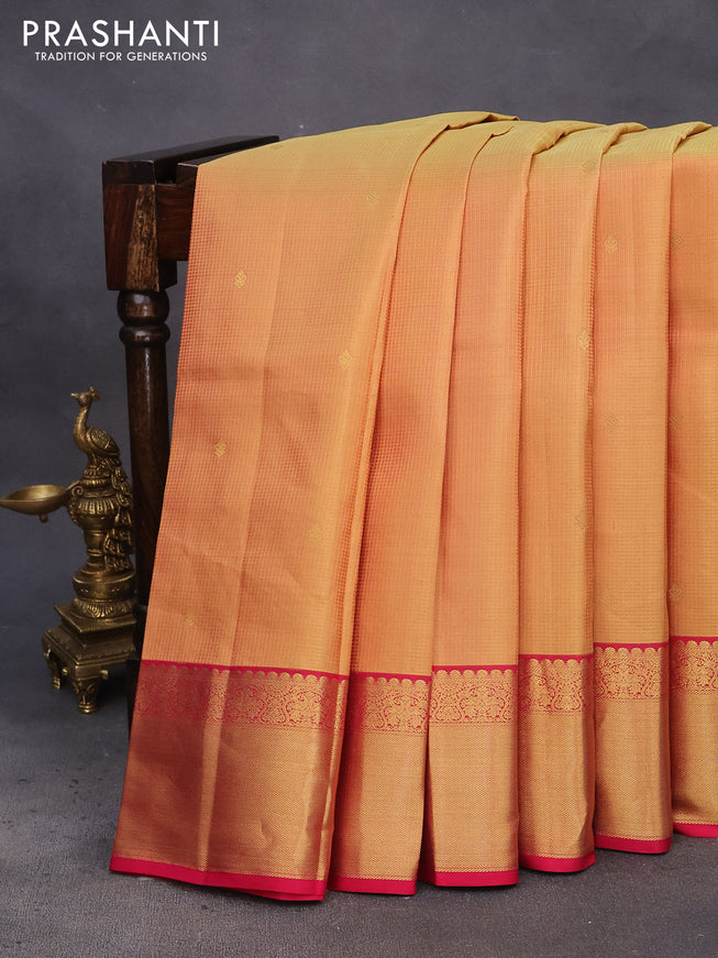 Pure kanchipuram silk saree mustard yellow and pink with allover zari weaves & buttas and zari woven border