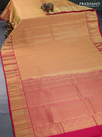 Pure kanchipuram silk saree mustard yellow and pink with allover zari weaves & buttas and zari woven border