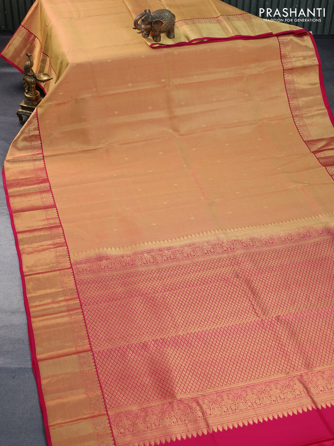 Pure kanchipuram silk saree mustard yellow and pink with allover zari weaves & buttas and zari woven border