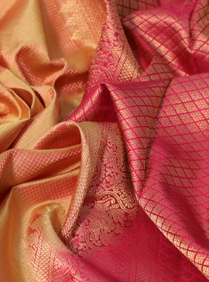 Pure kanchipuram silk saree mustard yellow and pink with allover zari weaves & buttas and zari woven border