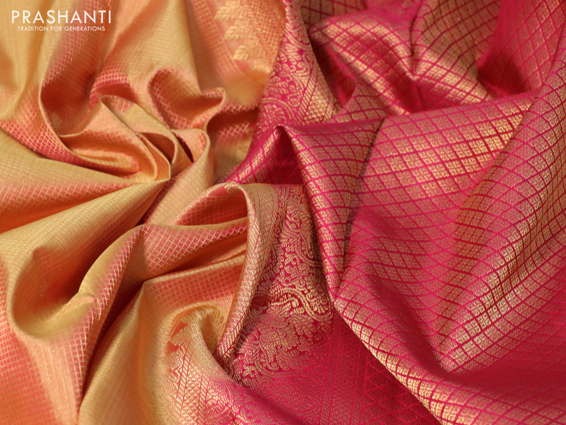 Pure kanchipuram silk saree mustard yellow and pink with allover zari weaves & buttas and zari woven border