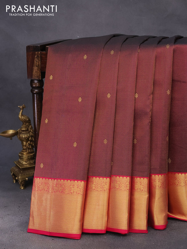 Pure kanchipuram silk saree deep maroon and pink with allover zari weaves & buttas and zari woven border