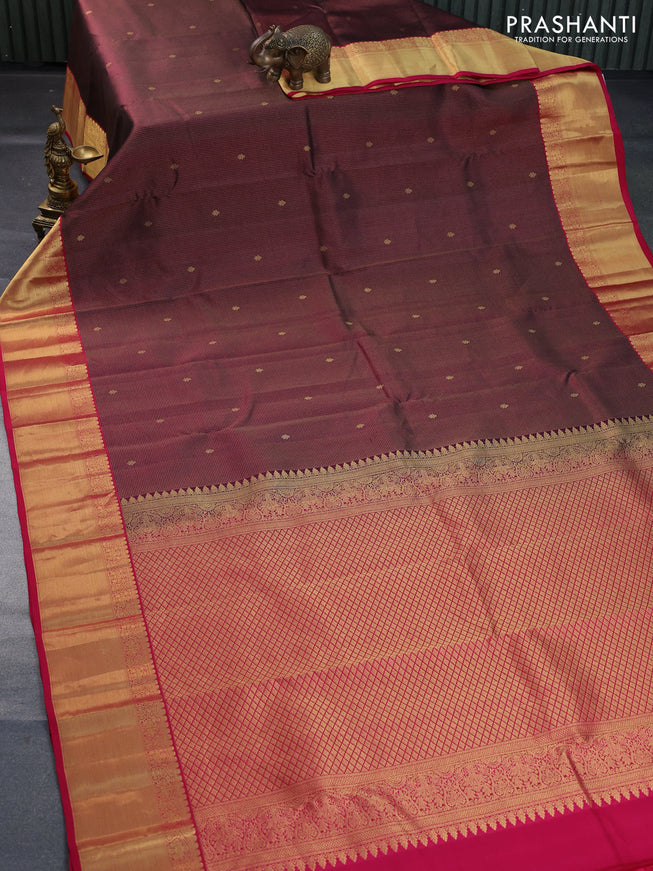 Pure kanchipuram silk saree deep maroon and pink with allover zari weaves & buttas and zari woven border