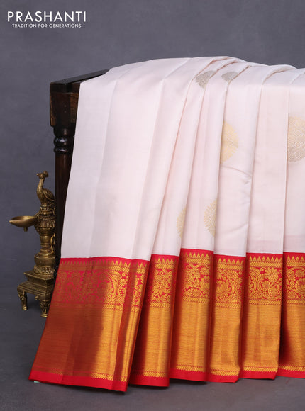 Pure kanchipuram silk saree off white and red with zari woven buttas and long zari woven korvai border