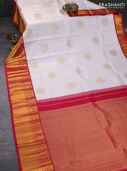 Pure kanchipuram silk saree off white and red with zari woven buttas and long zari woven korvai border