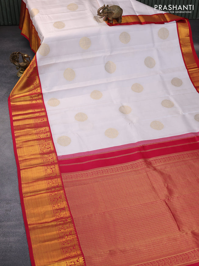 Pure kanchipuram silk saree off white and red with zari woven buttas and long zari woven korvai border