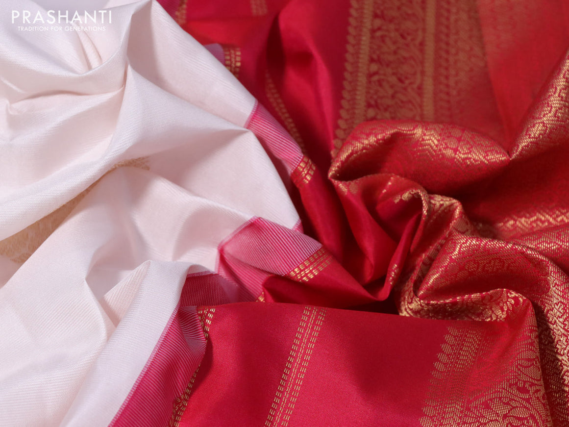 Pure kanchipuram silk saree off white and red with zari woven buttas and long zari woven korvai border