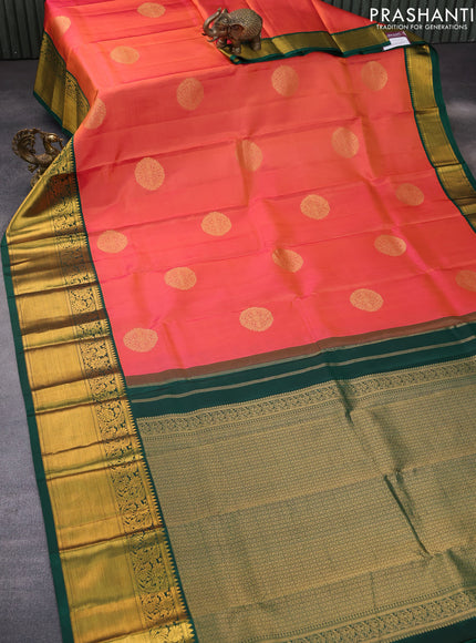 Pure kanchipuram silk saree dual shade of pinkish orange and green with zari woven buttas and long zari woven korvai border