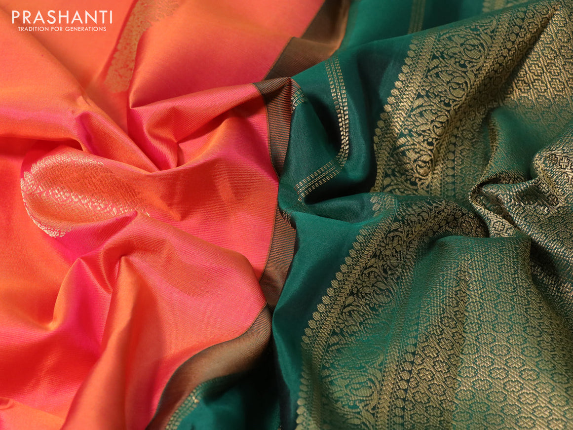 Pure kanchipuram silk saree dual shade of pinkish orange and green with zari woven buttas and long zari woven korvai border