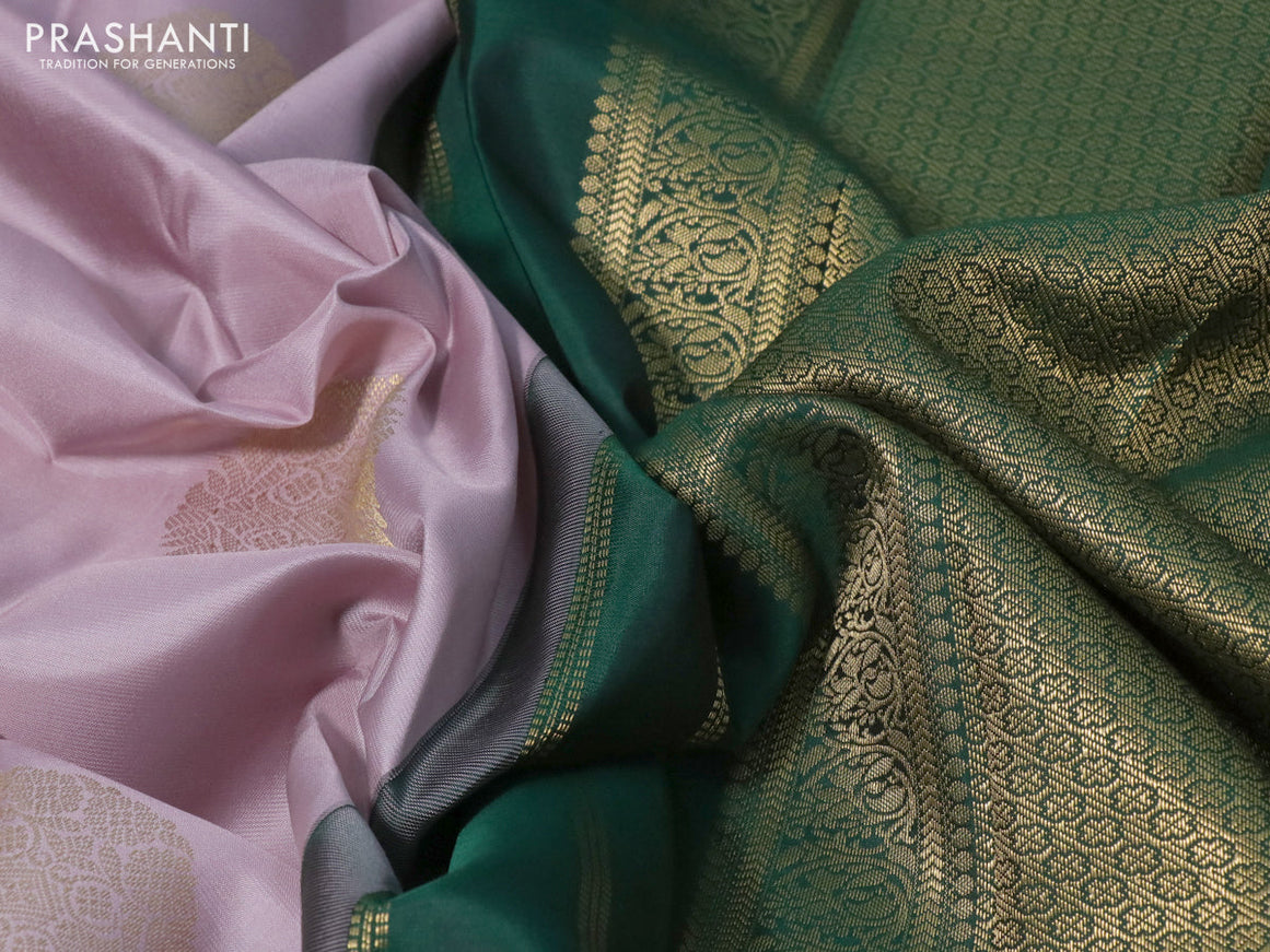 Pure kanchipuram silk saree pastel lavender shade and green with zari woven buttas and long zari woven korvai border