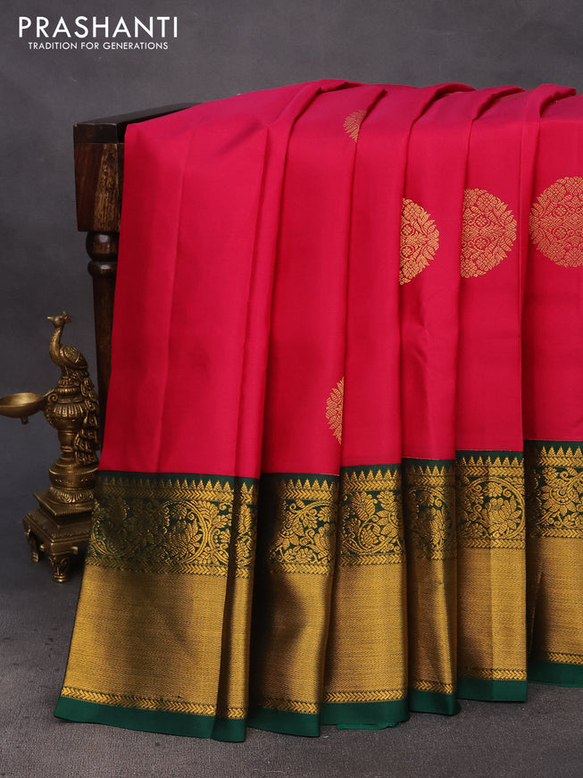 Pure kanchipuram silk saree pink and green with zari woven buttas and long zari woven korvai border