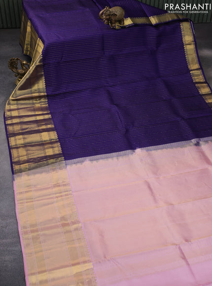 Pure kanchipuram silk saree blue and light pink with allover zari weaves and long zari woven border