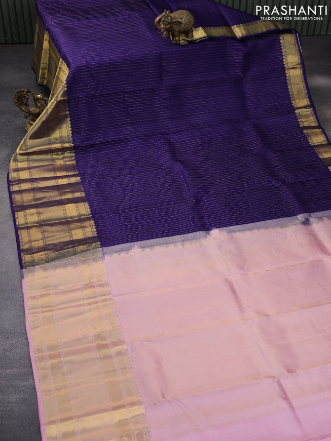 Pure kanchipuram silk saree blue and light pink with allover zari weaves and long zari woven border