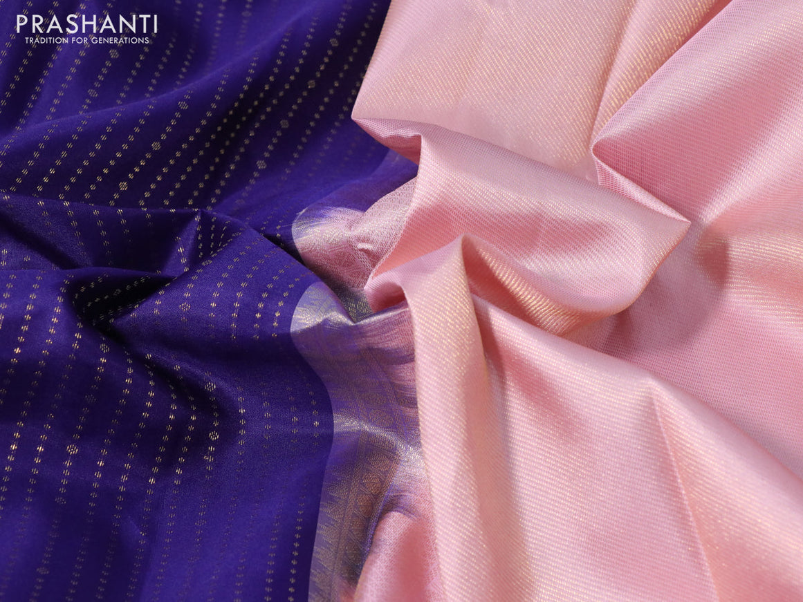 Pure kanchipuram silk saree blue and light pink with allover zari weaves and long zari woven border