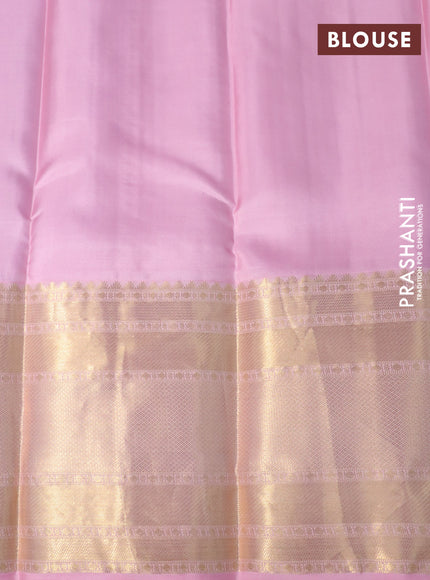 Pure kanchipuram silk saree blue and light pink with allover zari weaves and long zari woven border