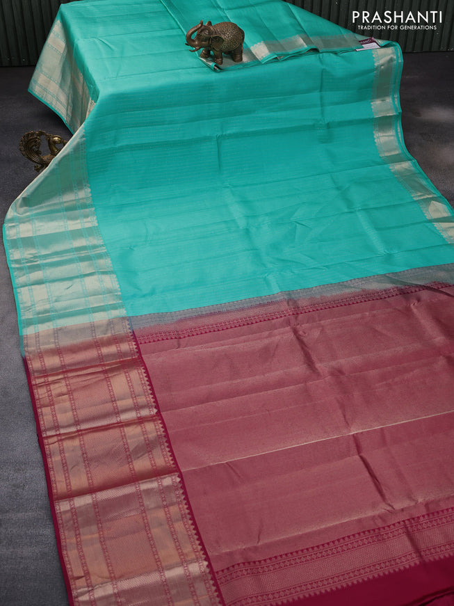 Pure kanchipuram silk saree teal blue and magenta pink with allover zari weaves and long zari woven border