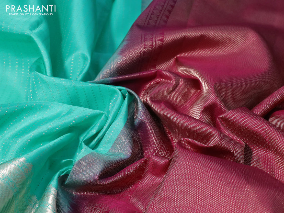 Pure kanchipuram silk saree teal blue and magenta pink with allover zari weaves and long zari woven border