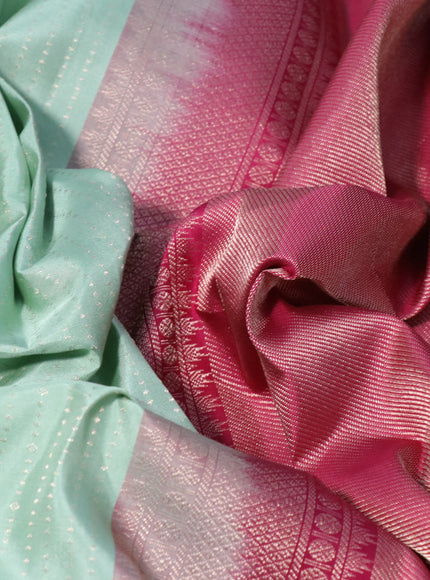 Pure kanchipuram silk saree pastel green and magenta pink with allover zari weaves and long zari woven border