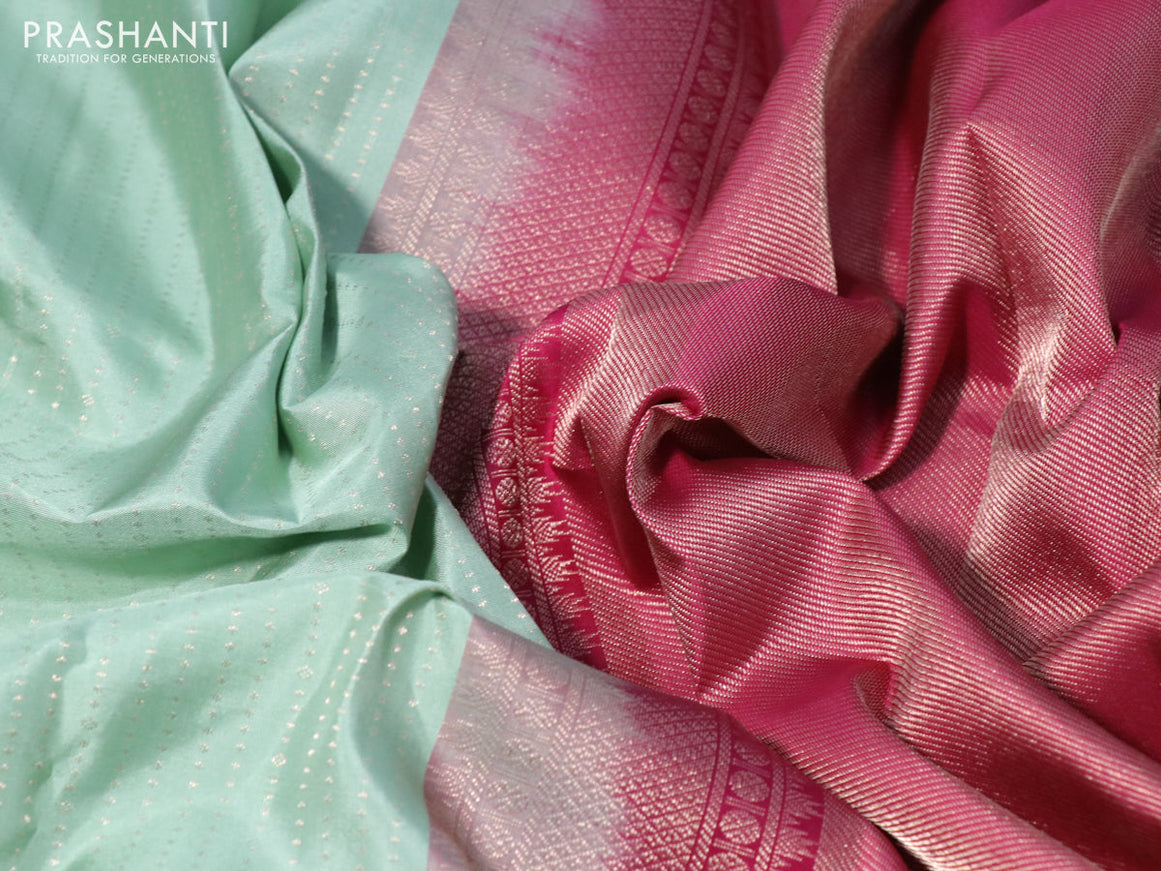 Pure kanchipuram silk saree pastel green and magenta pink with allover zari weaves and long zari woven border