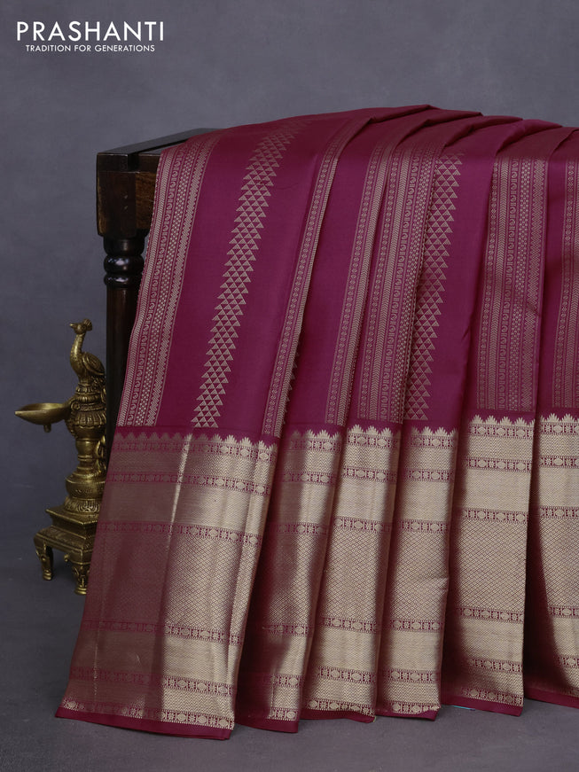 Pure kanchipuram silk saree dark magenta pink and teal blue with allover zari weaves and long zari woven border