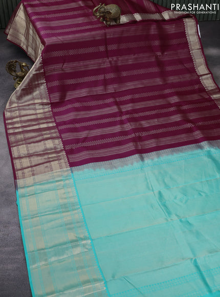 Pure kanchipuram silk saree dark magenta pink and teal blue with allover zari weaves and long zari woven border