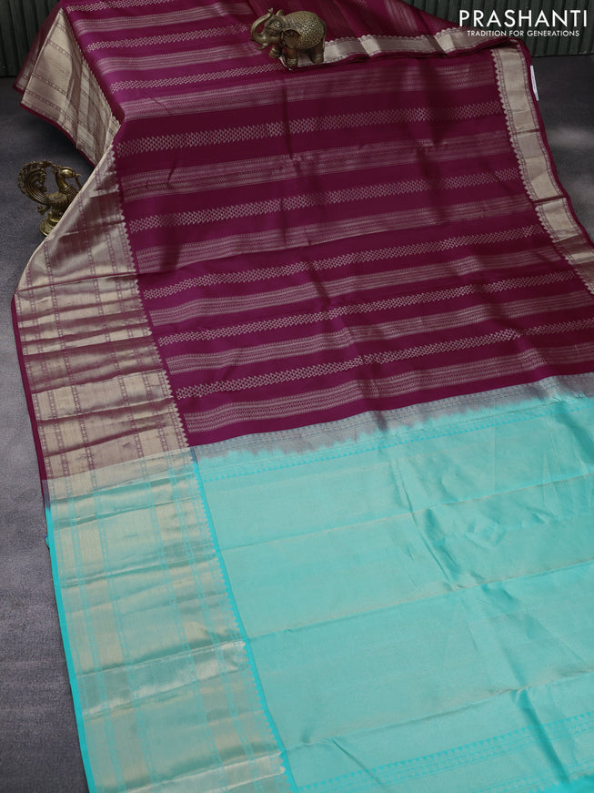 Pure kanchipuram silk saree dark magenta pink and teal blue with allover zari weaves and long zari woven border