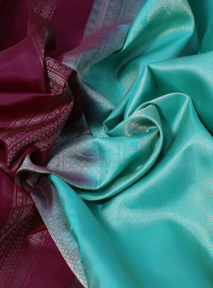 Pure kanchipuram silk saree dark magenta pink and teal blue with allover zari weaves and long zari woven border