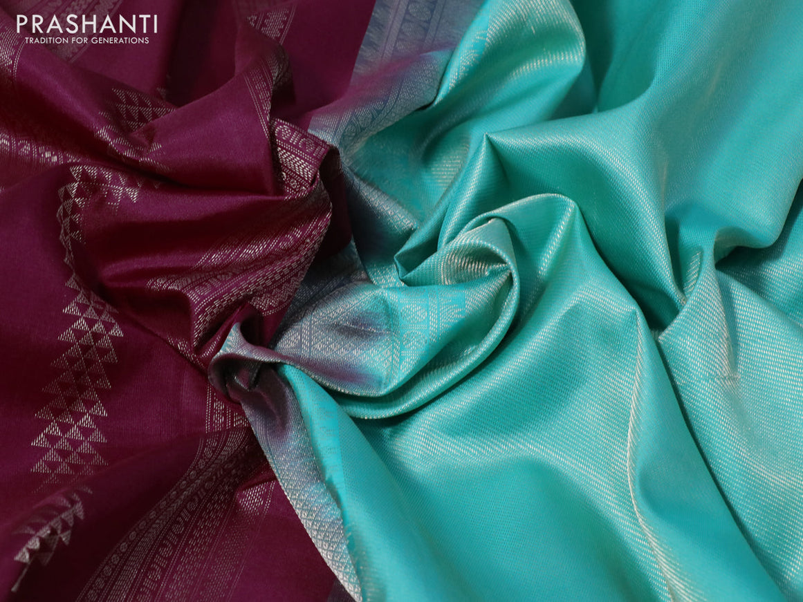 Pure kanchipuram silk saree dark magenta pink and teal blue with allover zari weaves and long zari woven border