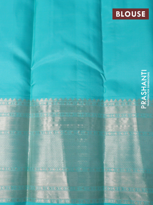 Pure kanchipuram silk saree dark magenta pink and teal blue with allover zari weaves and long zari woven border