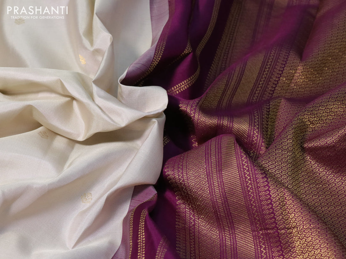 Pure kanchipuram silk saree off white and deep purple with zari woven buttas and zari woven korvai border