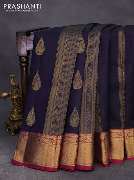 Pure kanchipuram silk saree dark blue and magenta pink with allover zari weaves and zari woven border