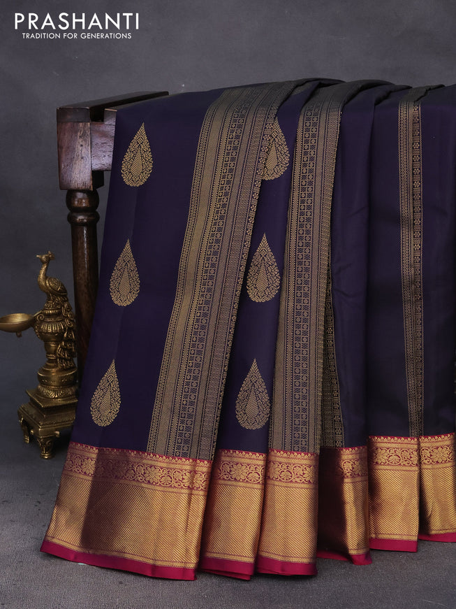 Pure kanchipuram silk saree dark blue and magenta pink with allover zari weaves and zari woven border