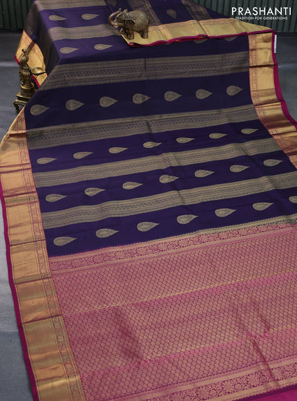 Pure kanchipuram silk saree dark blue and magenta pink with allover zari weaves and zari woven border