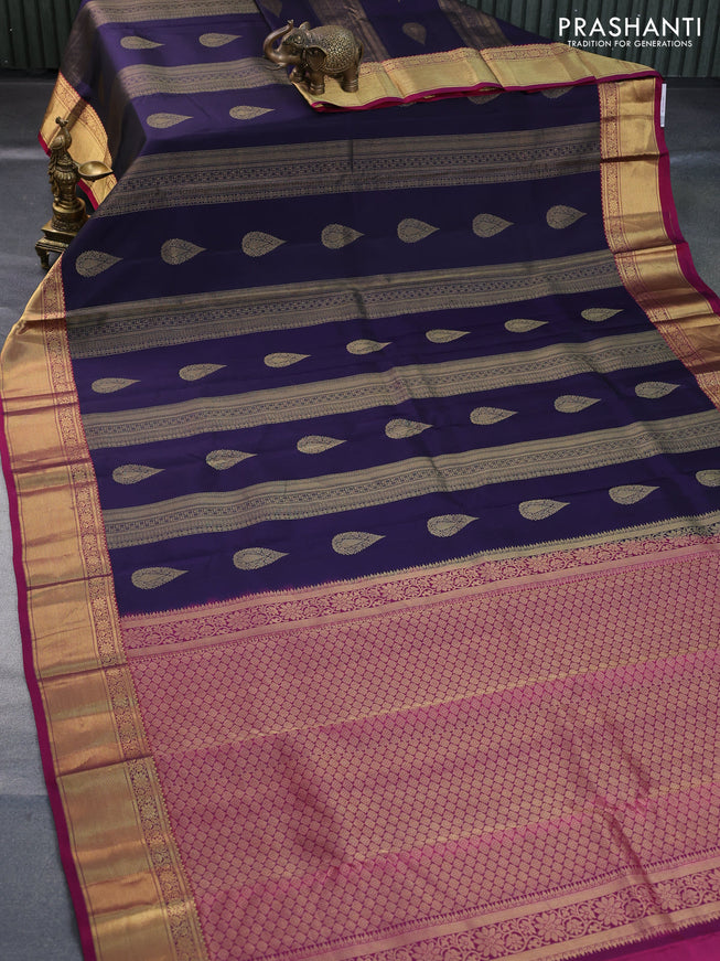 Pure kanchipuram silk saree dark blue and magenta pink with allover zari weaves and zari woven border