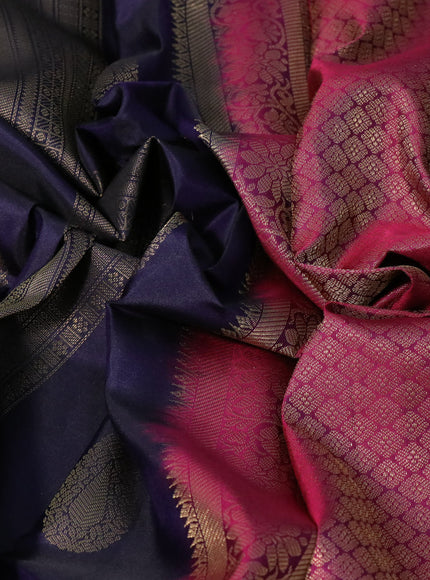 Pure kanchipuram silk saree dark blue and magenta pink with allover zari weaves and zari woven border