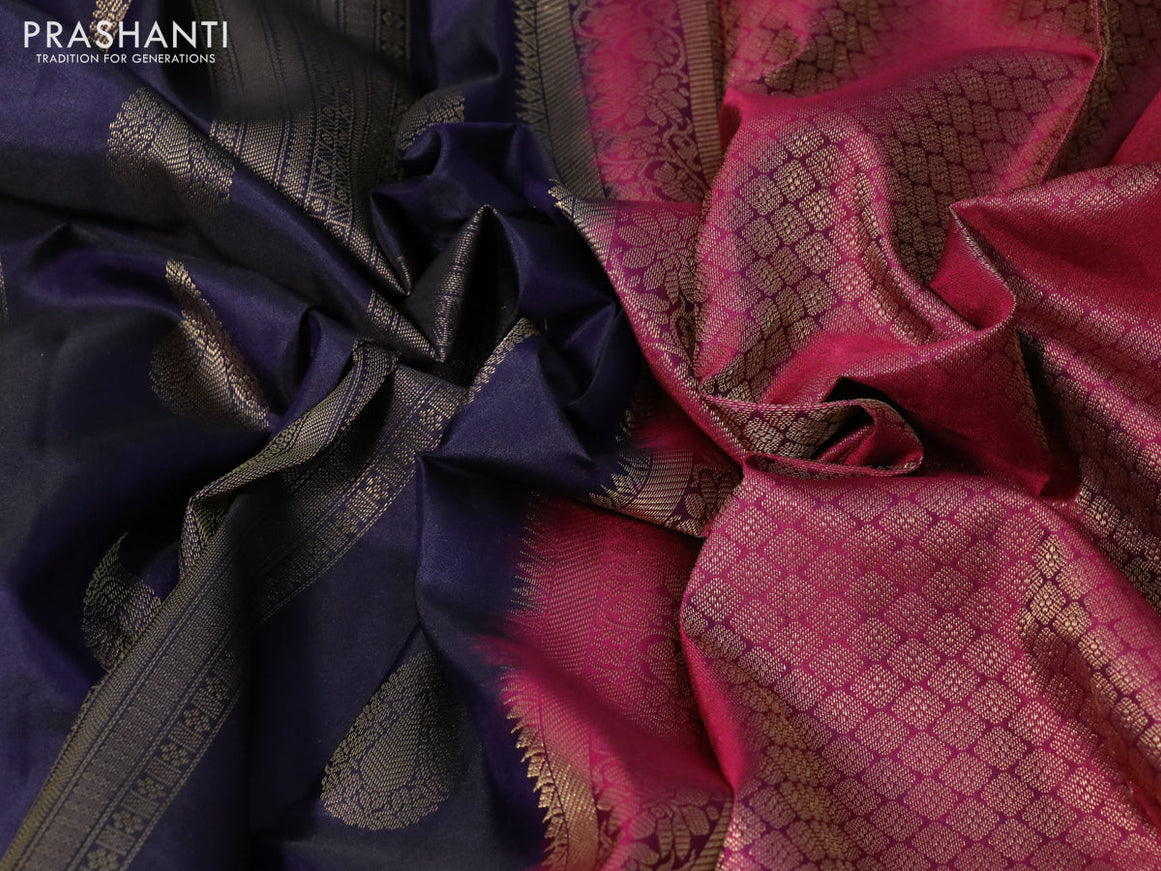 Pure kanchipuram silk saree dark blue and magenta pink with allover zari weaves and zari woven border