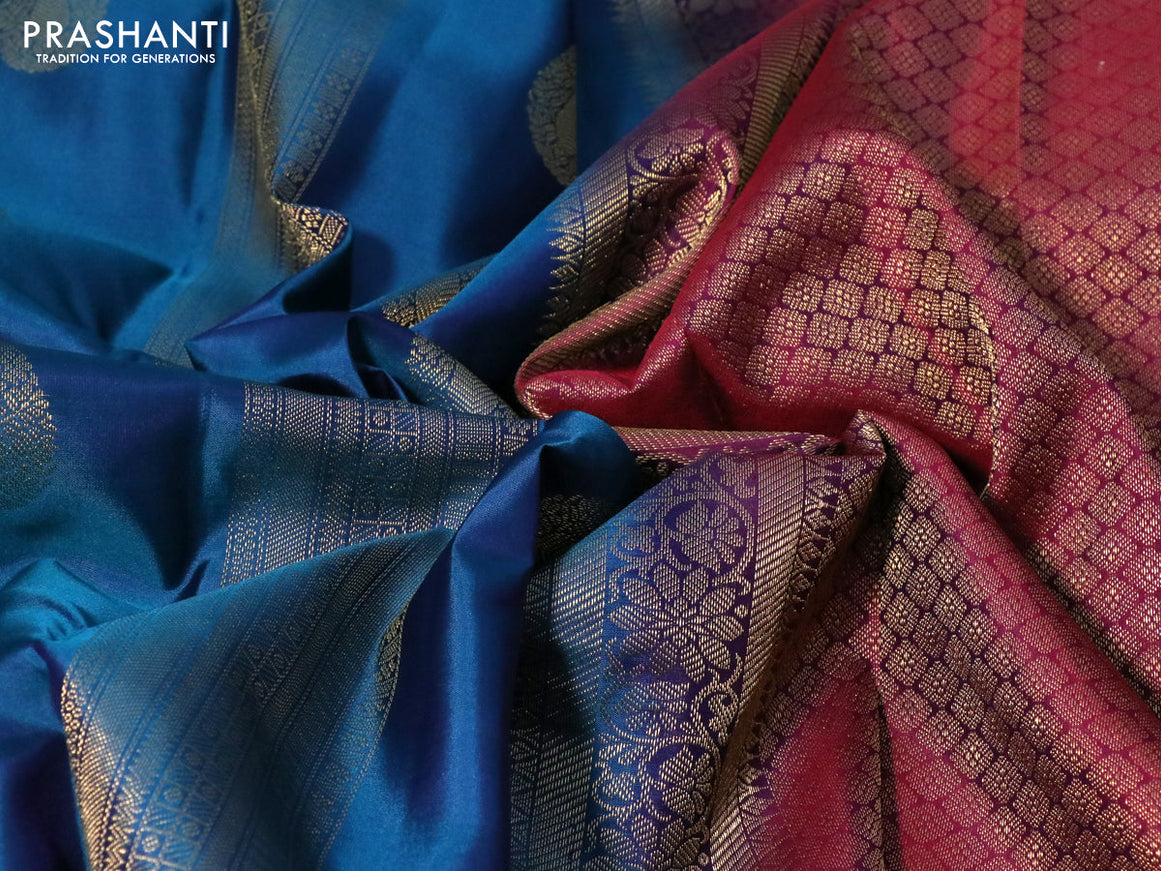 Pure kanchipuram silk saree peacock blue and magenta pink with allover zari weaves and zari woven border