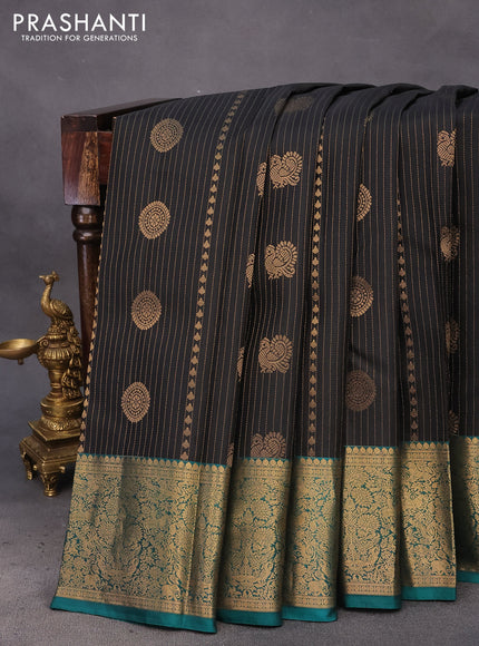 Pure kanchipuram silk saree black and green with allover zari weaves and zari woven border