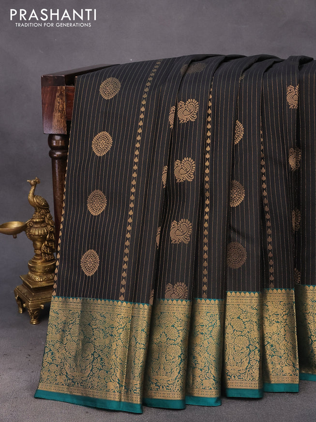 Pure kanchipuram silk saree black and green with allover zari weaves and zari woven border