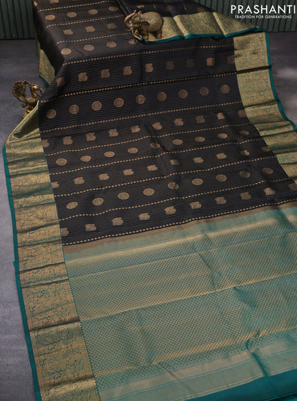 Pure kanchipuram silk saree black and green with allover zari weaves and zari woven border