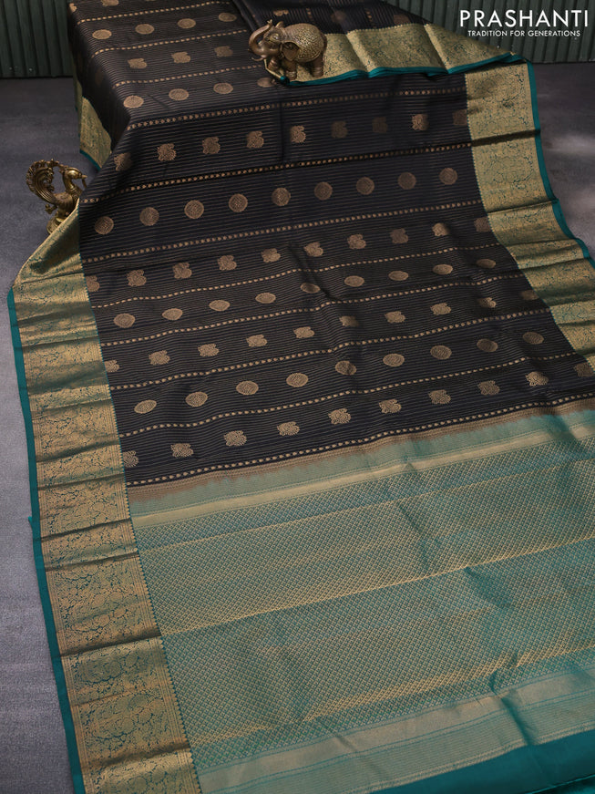 Pure kanchipuram silk saree black and green with allover zari weaves and zari woven border