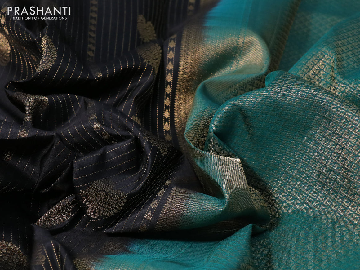 Pure kanchipuram silk saree black and green with allover zari weaves and zari woven border