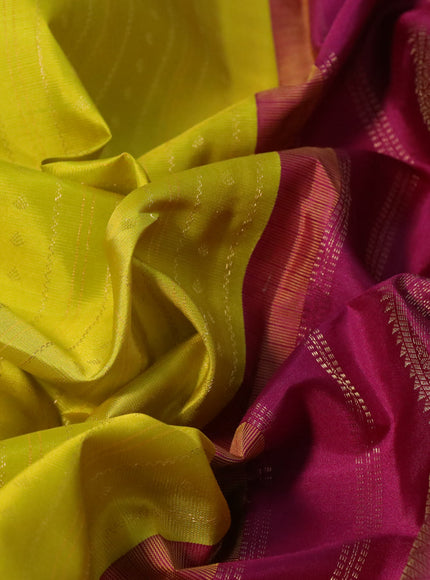 Pure kanchipuram silk saree lime yellow and magenta pink with allover zari weaves and long zari woven korvai border