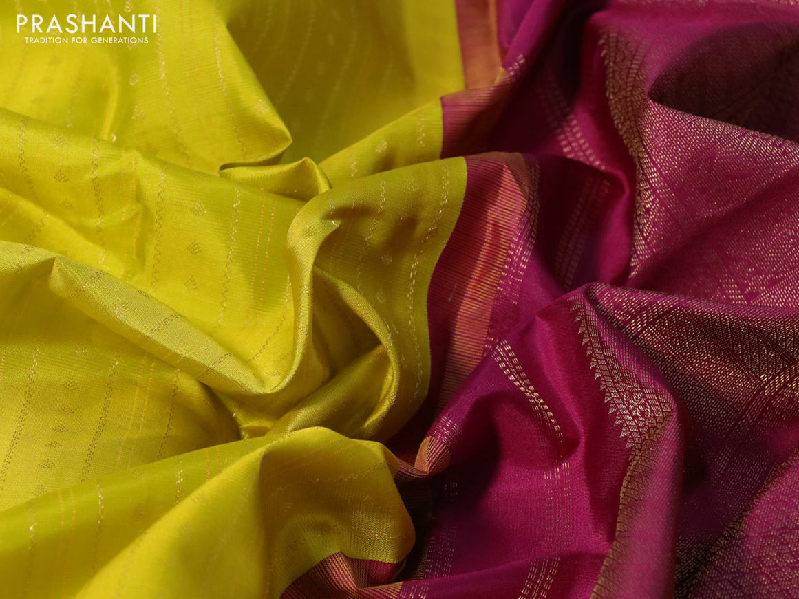 Pure kanchipuram silk saree lime yellow and magenta pink with allover zari weaves and long zari woven korvai border