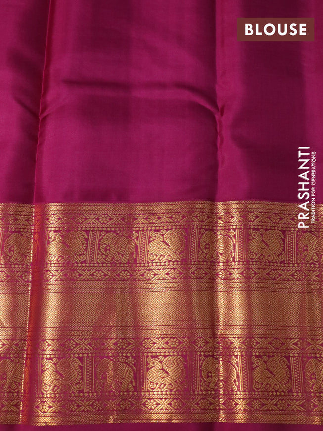 Pure kanchipuram silk saree lime yellow and magenta pink with allover zari weaves and long zari woven korvai border