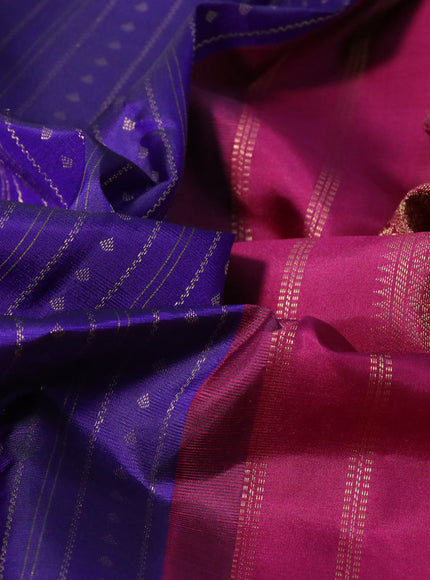 Pure kanchipuram silk saree blue and magenta pink with allover zari weaves and long zari woven korvai border