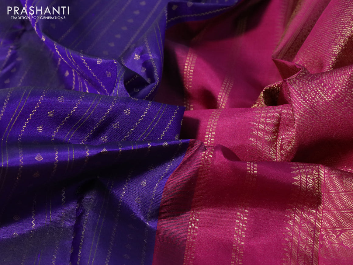 Pure kanchipuram silk saree blue and magenta pink with allover zari weaves and long zari woven korvai border