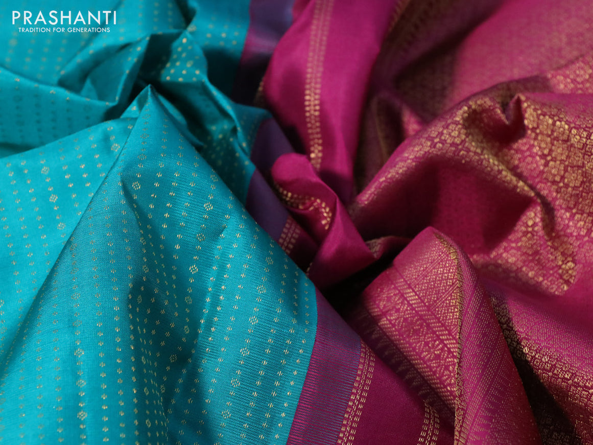 Pure kanchipuram silk saree teal green and magenta pink with allover zari weaves and long zari woven korvai border