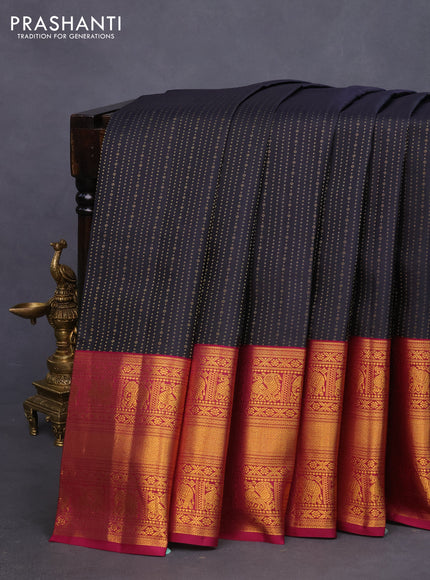 Pure kanchipuram silk saree deep navy blue and magenta pink with allover zari weaves and long zari woven korvai border